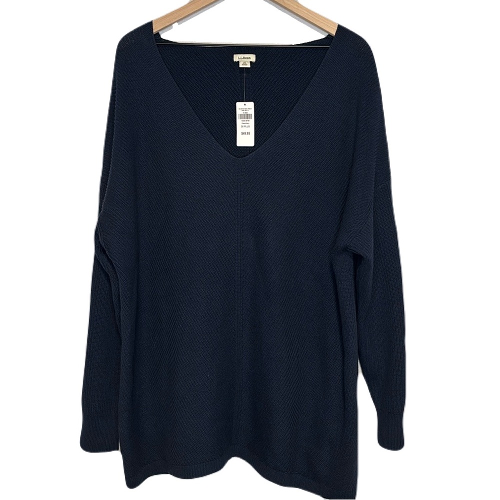 L.L. Bean NWT Cotton Shaker Stitch V-Neck Knit Sweater Navy Blue 3X Plus Size
